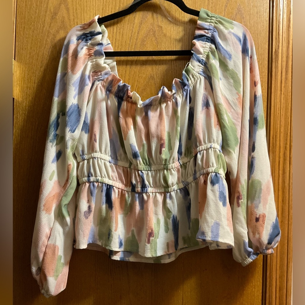 Sofia Jeans by Sofia Vergara Pastel Brushstroke Blouse.